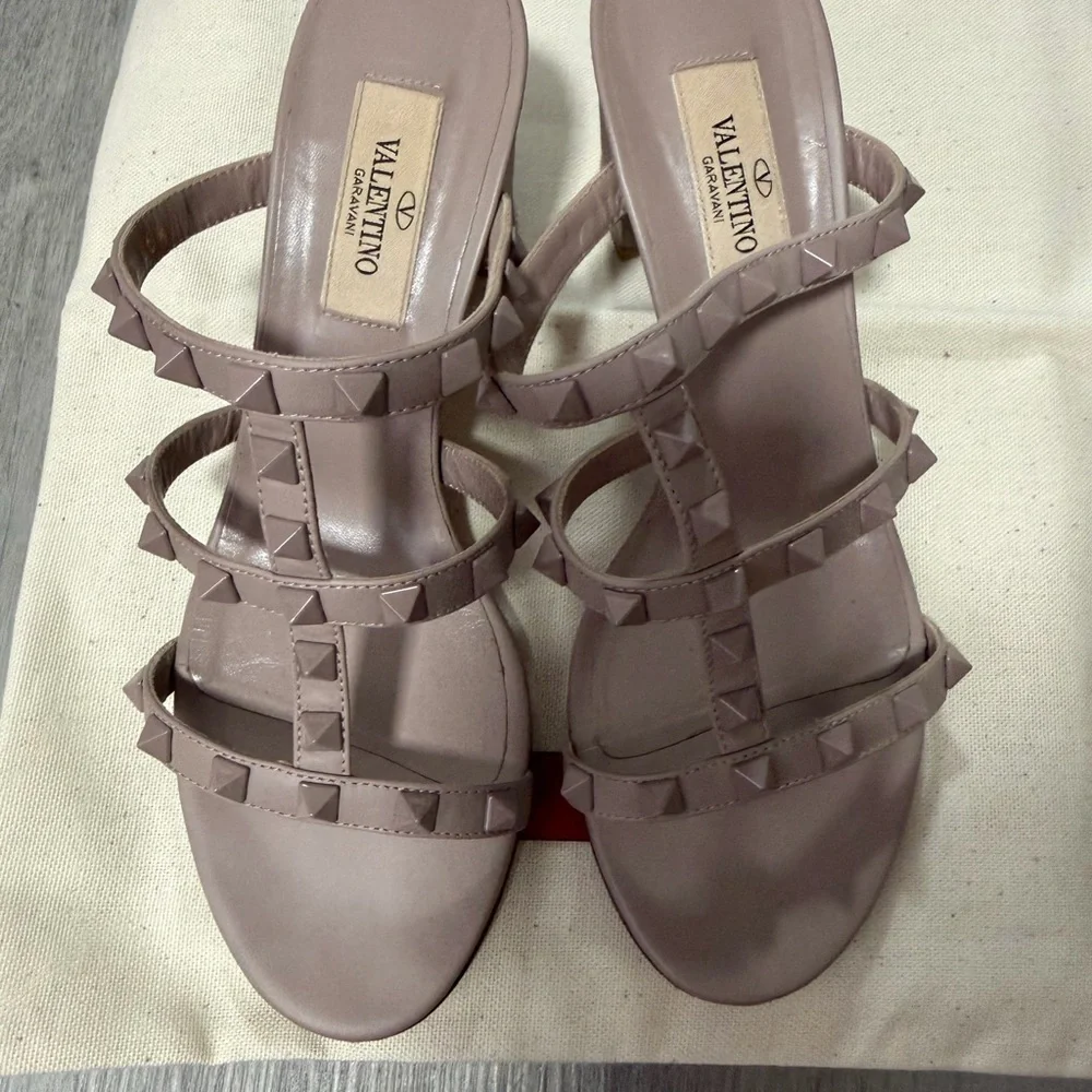 Valentino Pink Studded T-Strap Block Heel Sandals